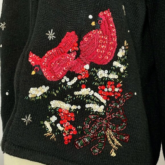 Vtg Tiara International Cardinals Cardigan Sz S Black Bead Embroidered Christmas - Picture 6 of 7
